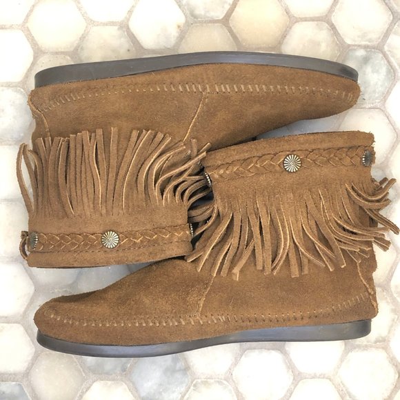 Minnetonka Cognac Fringe Ankle Boots - Picture 4 of 5